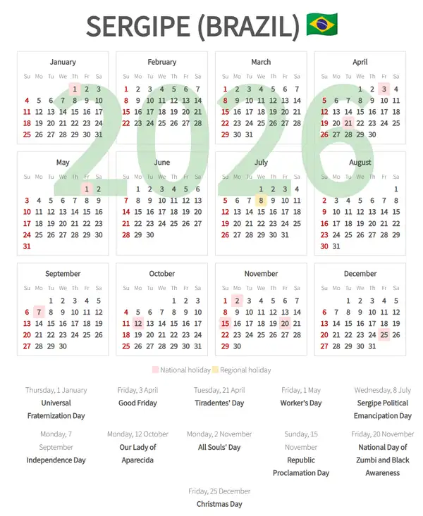 Work Calendar 2026, Sergipe (Brazil)