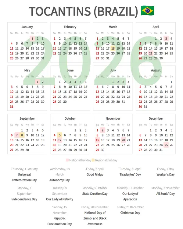 Work Calendar 2026, Tocantins (Brazil)