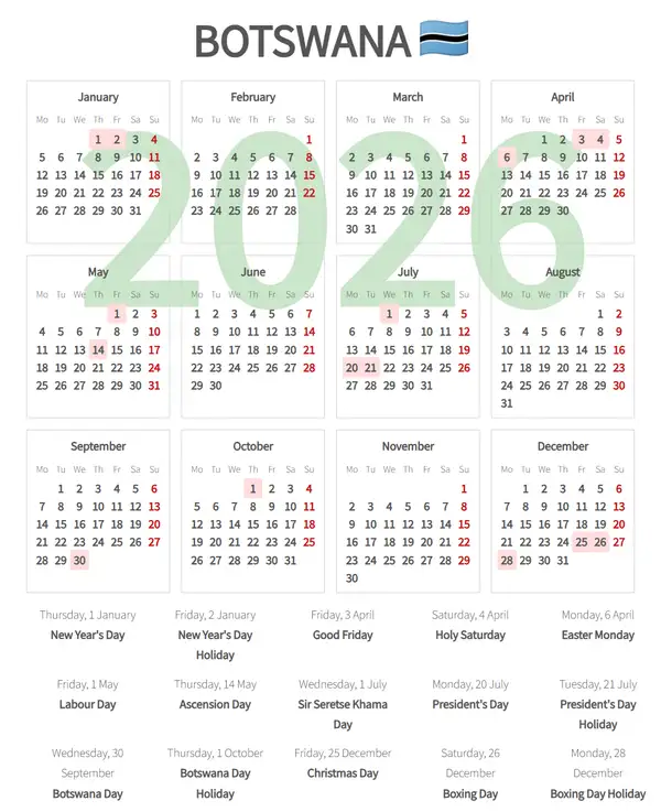 Work Calendar 2026, Botswana - Public Holidays