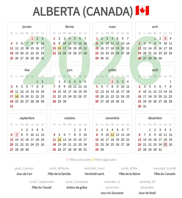 Calendrier de Travail 2026, Alberta (Canada)