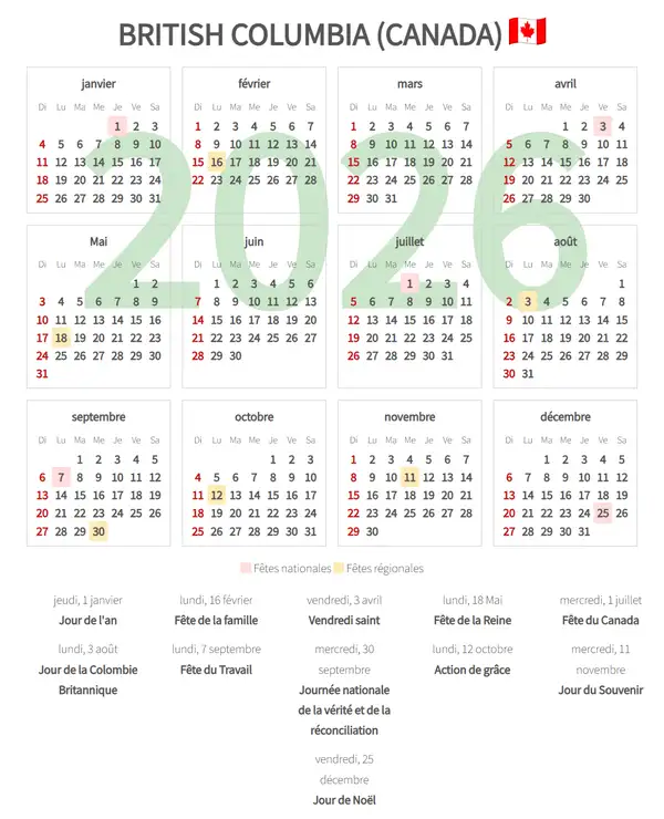 Calendrier de Travail 2026, British columbia (Canada)
