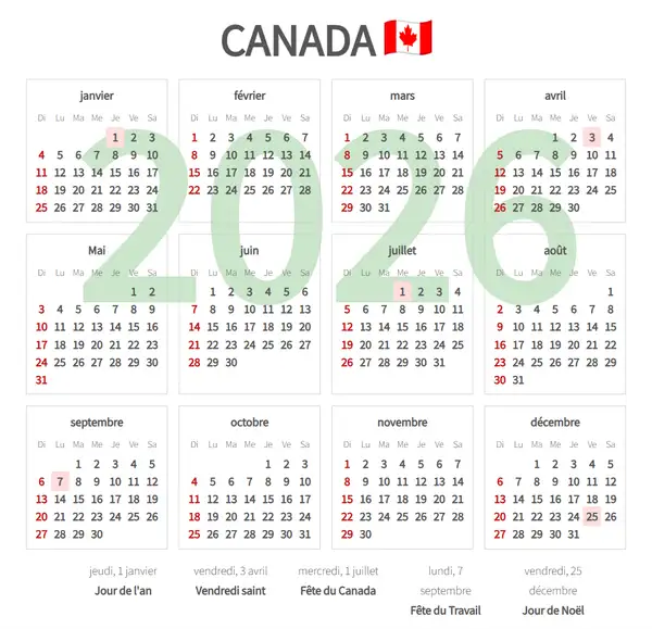 Calendrier de Travail 2026 de Canada