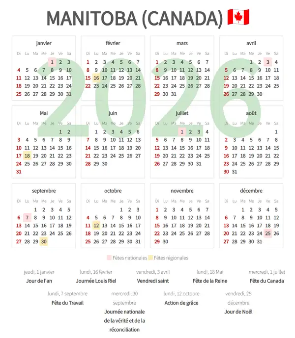 Calendrier de Travail 2026, Manitoba (Canada)