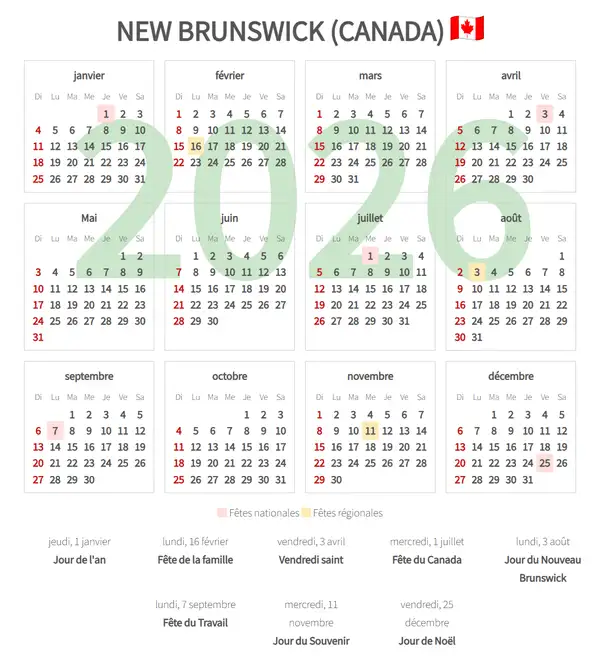 Calendrier de Travail 2026, New brunswick (Canada)