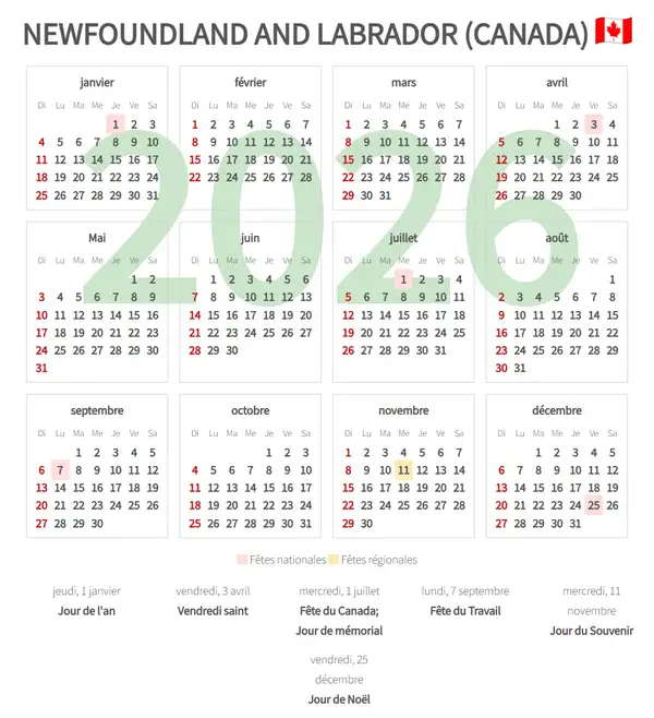 Calendrier de Travail 2026, Newfoundland and labrador (Canada)