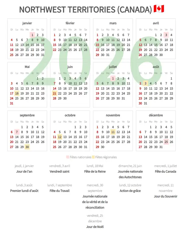 Calendrier de Travail 2026, Northwest territories (Canada)