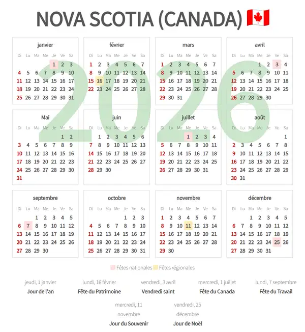 Calendrier de Travail 2026, Nova scotia (Canada)