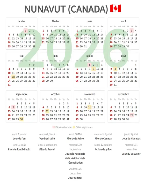Calendrier de Travail 2026, Nunavut (Canada)