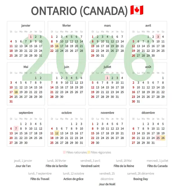 Calendrier de Travail 2026, Ontario (Canada)