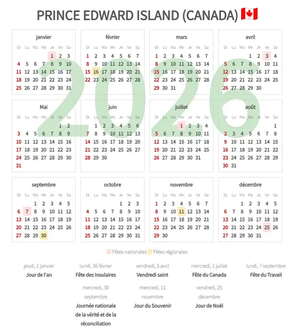 Calendrier de Travail 2026, Prince edward island (Canada)