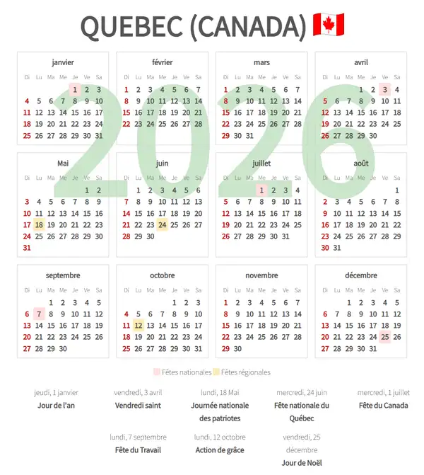 Calendrier de Travail 2026, Quebec (Canada)