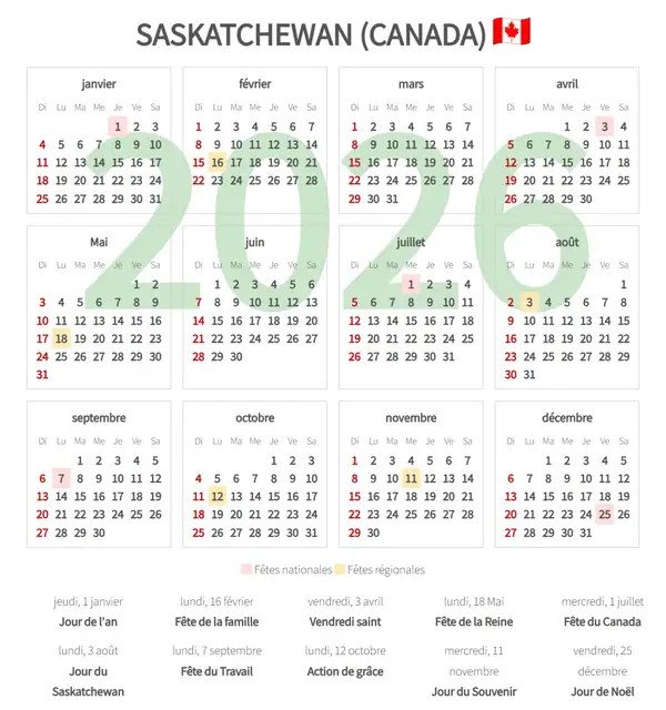 Calendrier de Travail 2026, Saskatchewan (Canada)