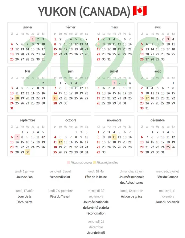 Calendrier de Travail 2026, Yukon (Canada)