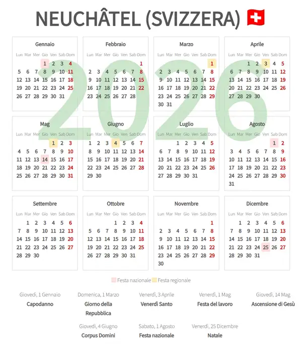 Calendario Lavorativo 2026, Neuchâtel (Svizzera)