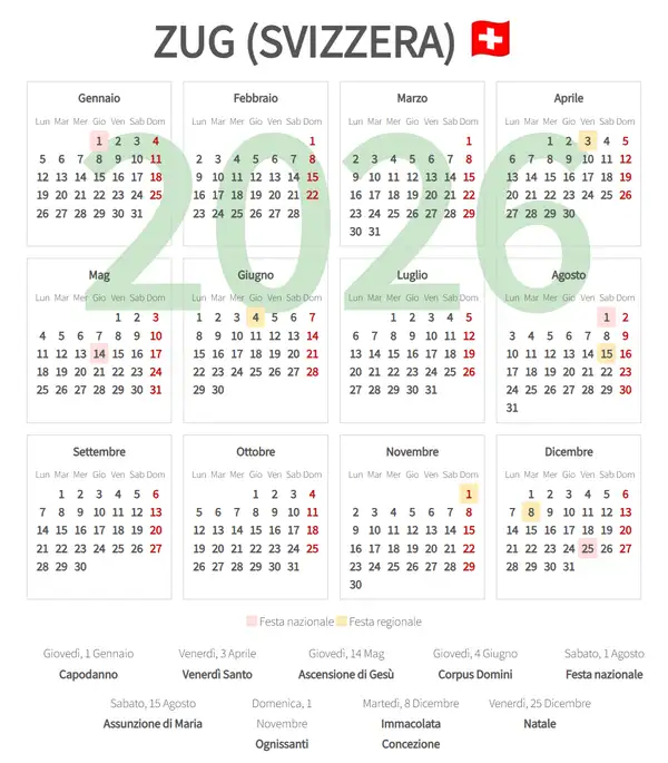 Calendario Lavorativo 2026, Zug (Svizzera)