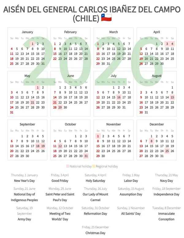 Work Calendar 2026, Aisén del general carlos ibañez del campo (Chile)