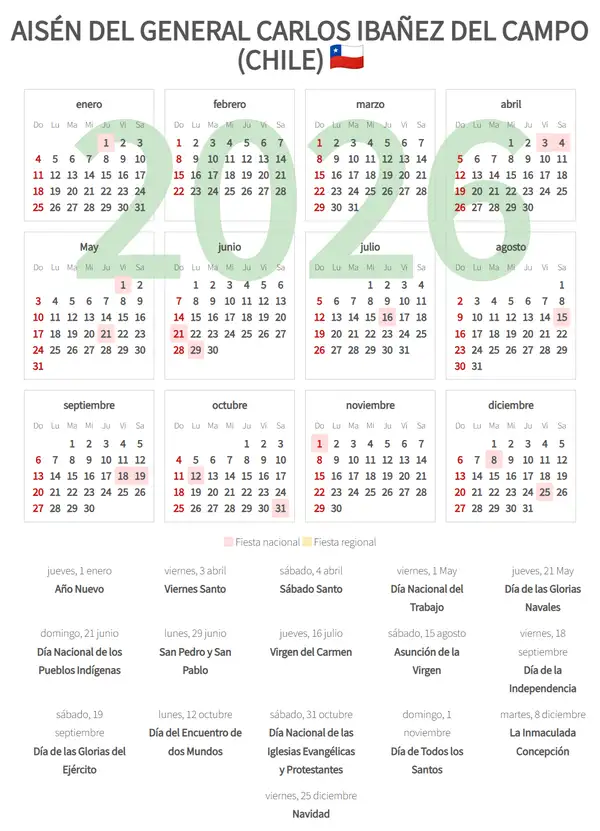 Calendario Laboral 2026, Aisén del general carlos ibañez del campo (Chile)