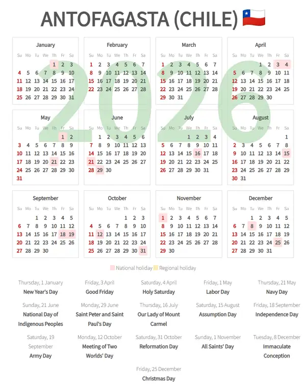 Work Calendar 2026, Antofagasta (Chile)