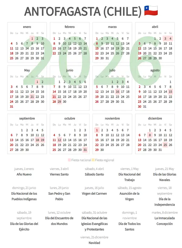 Calendario Laboral 2026, Antofagasta (Chile)
