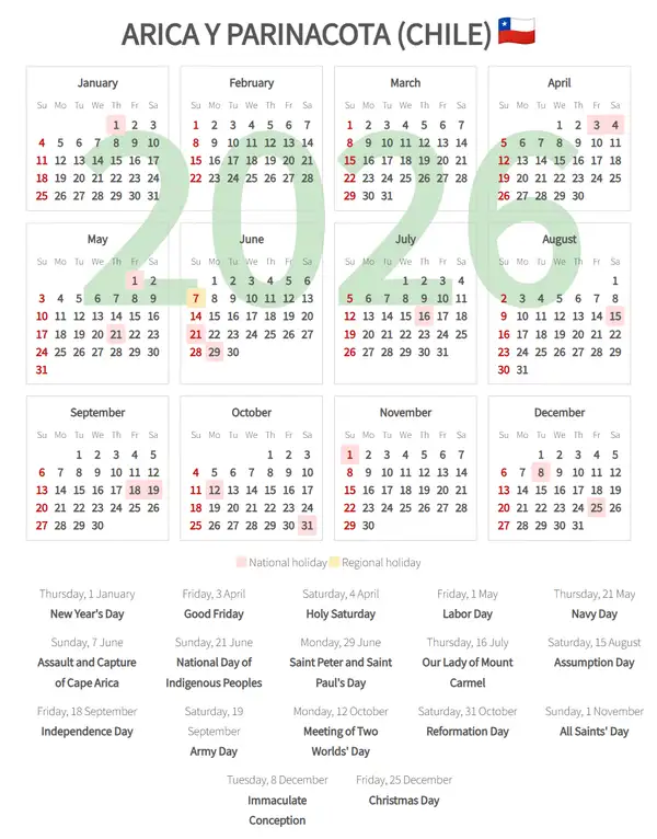 Work Calendar 2026, Arica y parinacota (Chile)