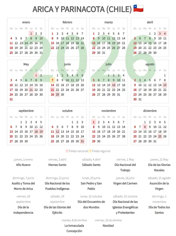 Calendario Laboral 2026, Arica y parinacota (Chile)