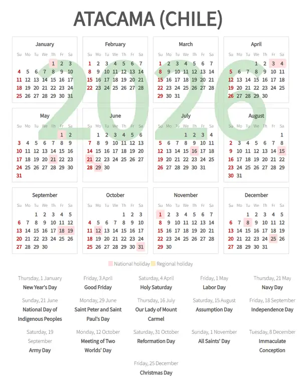 Work Calendar 2026, Atacama (Chile)