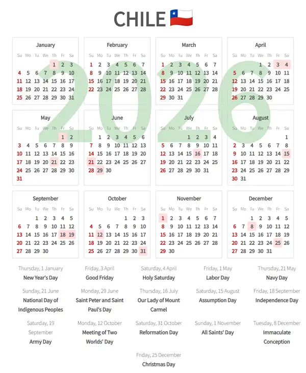 Work Calendar 2026, Chile - Public Holidays