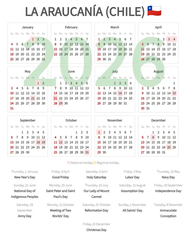 Work Calendar 2026, La araucanía (Chile)