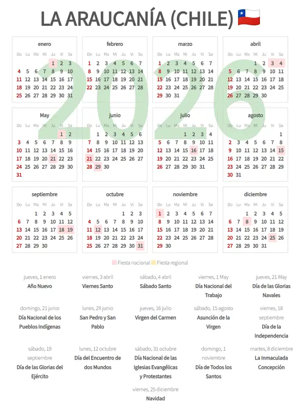 Calendario Laboral 2026, La araucanía (Chile)