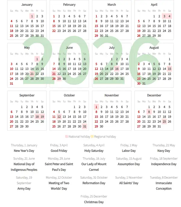 Work Calendar 2026, Libertador general bernardo o'higgins (Chile)