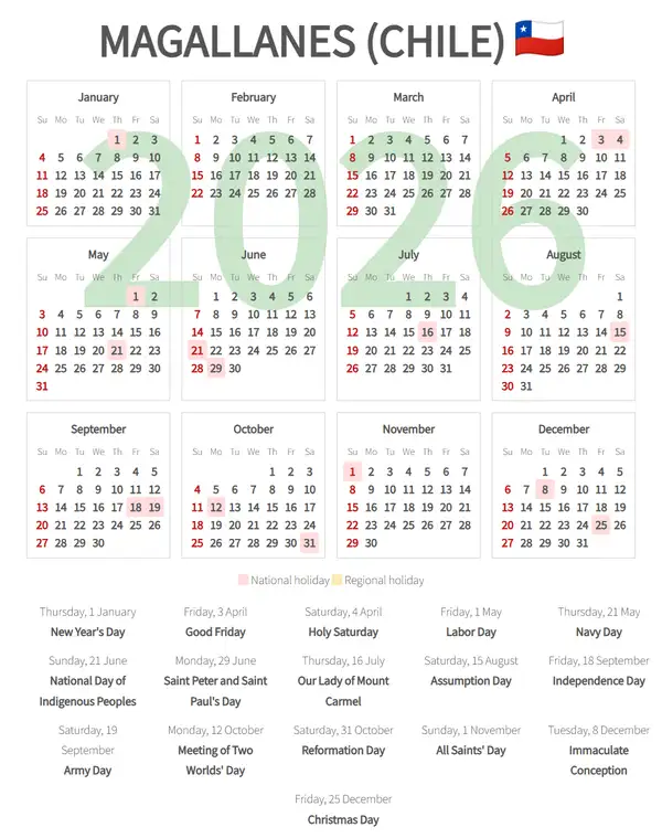 Work Calendar 2026, Magallanes (Chile)
