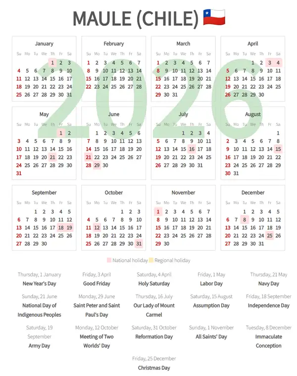Work Calendar 2026, Maule (Chile)