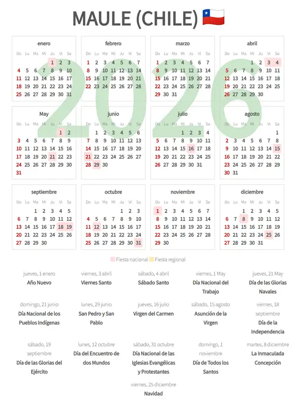 Calendario Laboral 2026, Maule (Chile)