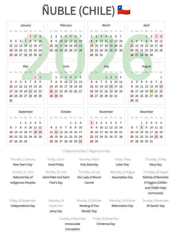 Work Calendar 2026, Ñuble (Chile)