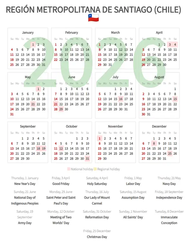 Work Calendar 2026, Región metropolitana de santiago (Chile)