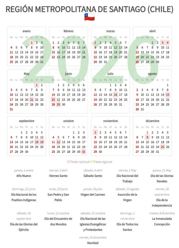 Calendario Laboral 2026, Región metropolitana de santiago (Chile)