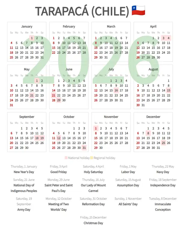 Work Calendar 2026, Tarapacá (Chile)