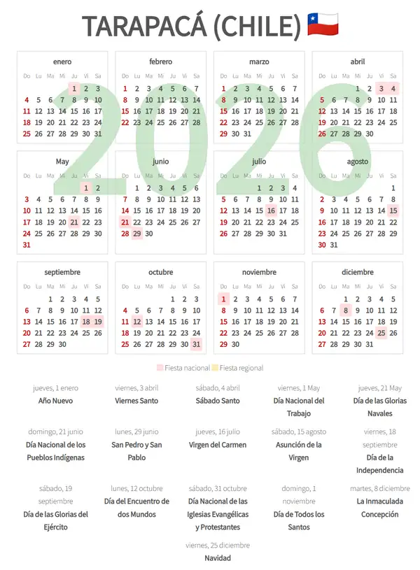 Calendario Laboral 2026, Tarapacá (Chile)
