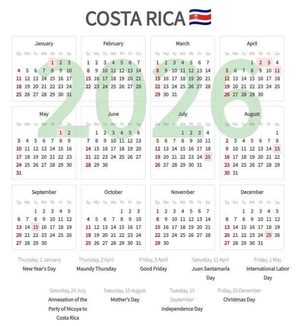 Work Calendar 2026, Costa rica - Public Holidays