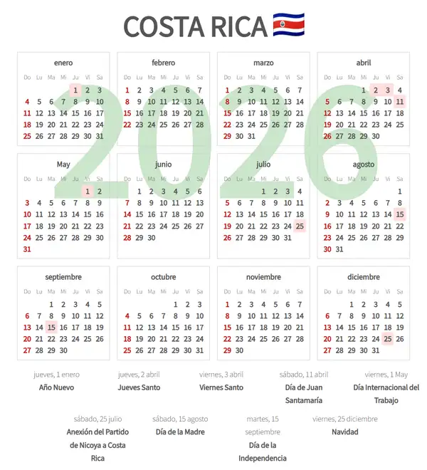 Calendario Laboral 2026 de Costa rica