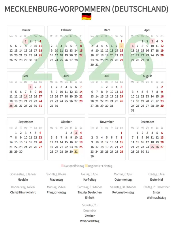 Arbeitskalender 2026, Mecklenburg-vorpommern (Deutschland)