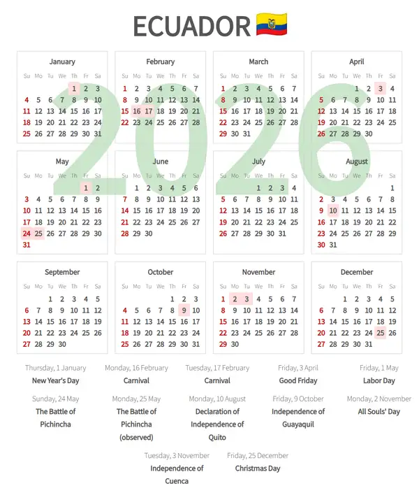 Work Calendar 2026, Ecuador - Public Holidays
