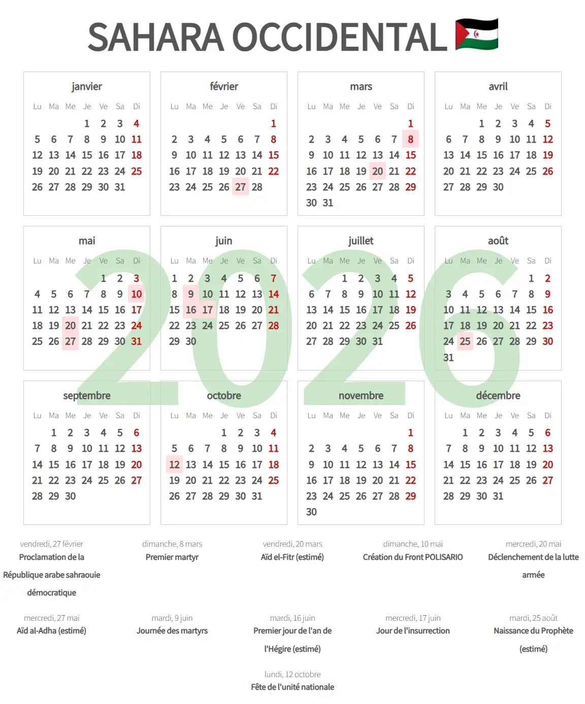 Calendrier de Travail 2026 de Sahara occidental