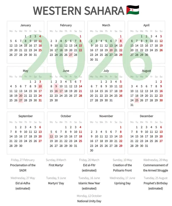 Work Calendar 2026, Western sahara - Public Holidays