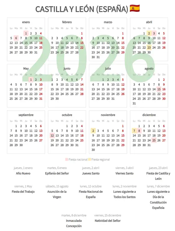 Calendario Laboral 2026, Castilla y león (España)