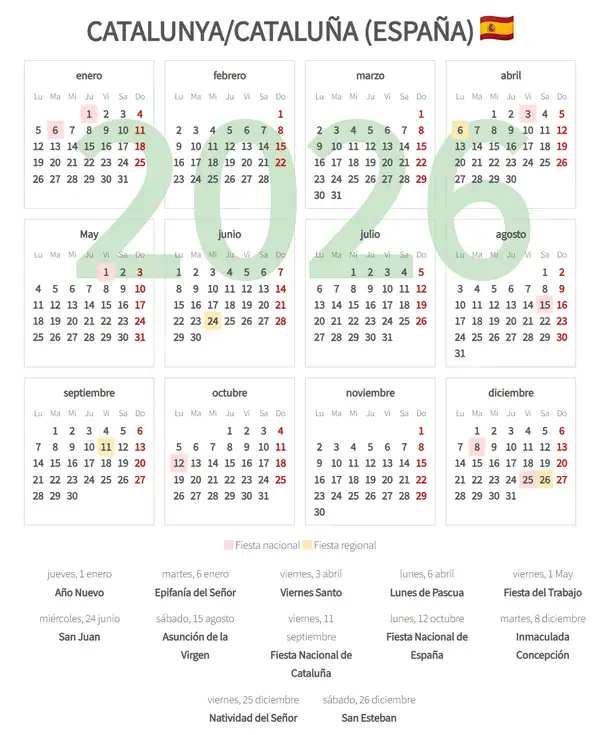 Calendario Laboral 2026, Catalunya [cataluña] (España)