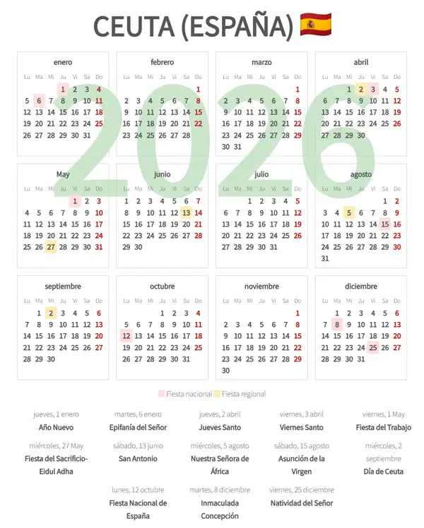Calendario Laboral 2026, Ceuta (España)