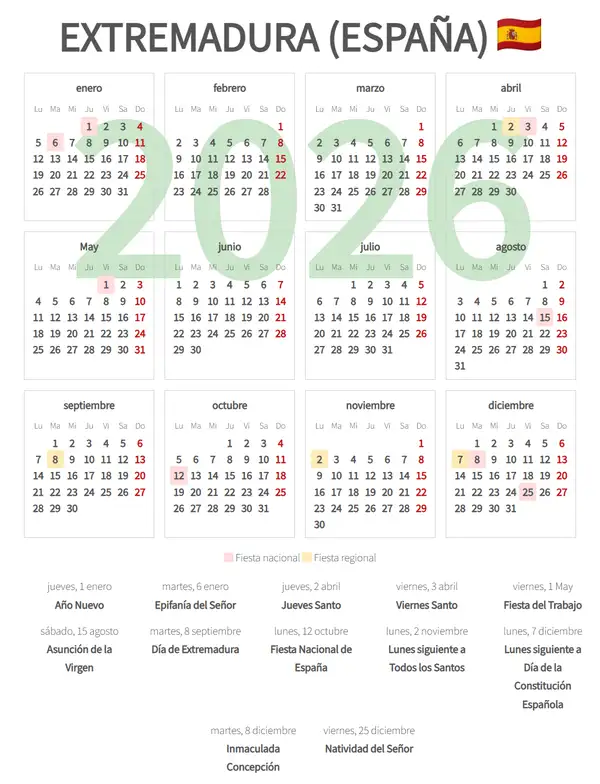 Calendario Laboral 2026, Extremadura (España)
