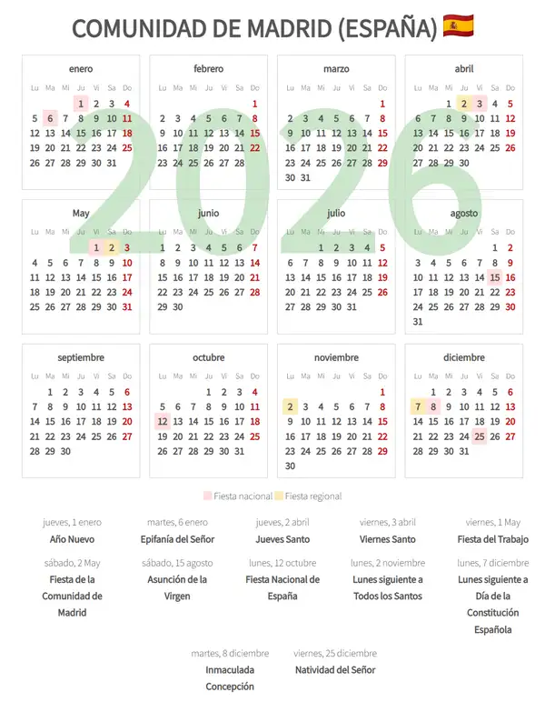 Calendario Laboral 2026, Madrid, comunidad de (España)