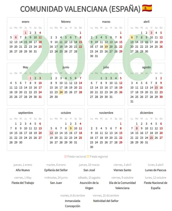 Calendario Laboral 2026, Valenciana, comunidad (España)